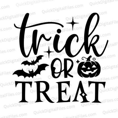 Trick or Treat SVG with bats, cursive text, and a pumpkin
