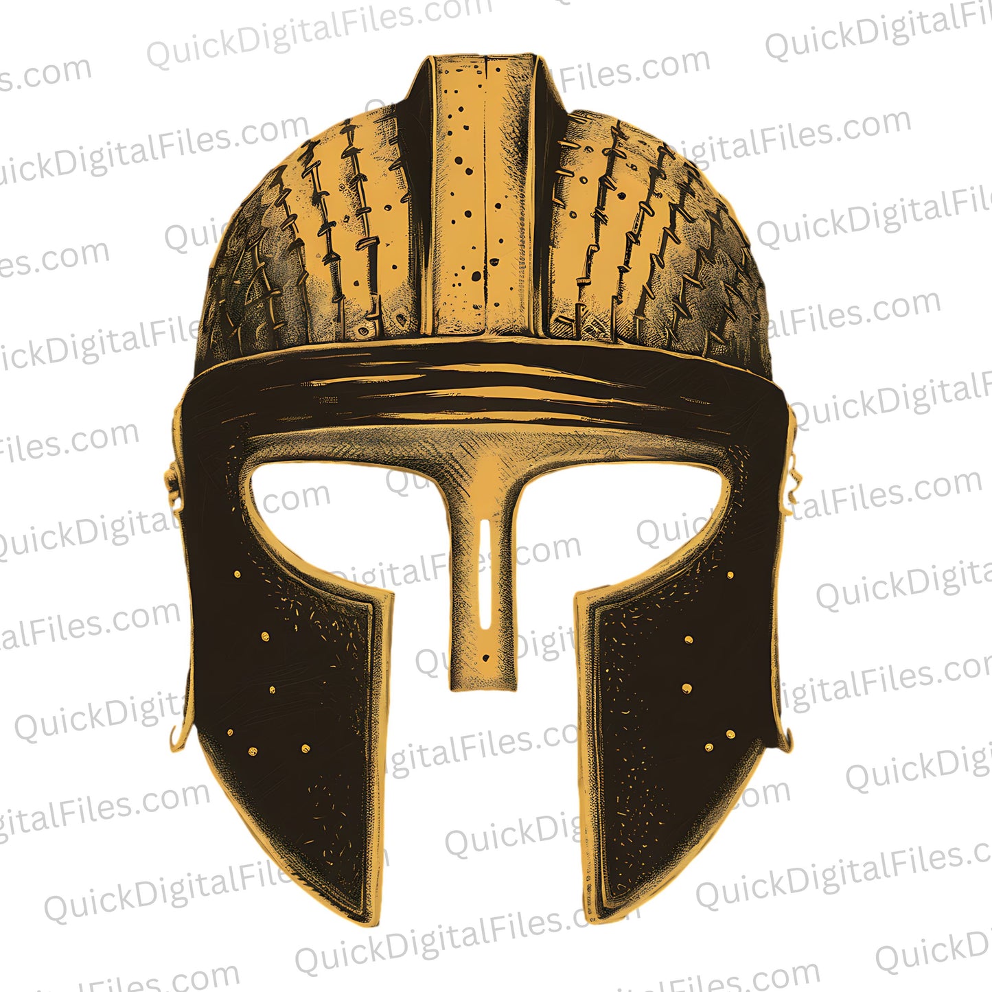 "War-beaten Spartan helmet graphic in gold and black."