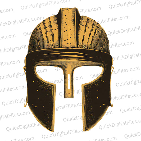 "War-beaten Spartan helmet graphic in gold and black."