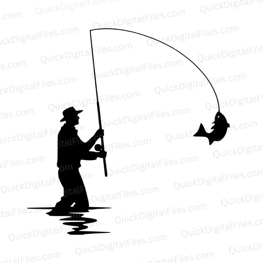 Black silhouette of a fisherman with a fish and fishing rod on a white background.