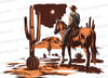 "Clipart of Lone Cowboy Riding Horse in Desert at Night PNG, JPEG"