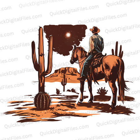"Clipart of Lone Cowboy Riding Horse in Desert at Night PNG, JPEG"