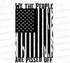 "Distressed American flag graphic with 'We The People Are Pissed Off' in bold gothic letters."