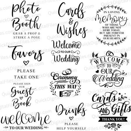 "Black and white SVG wedding sign bundle for creating cohesive event decor."