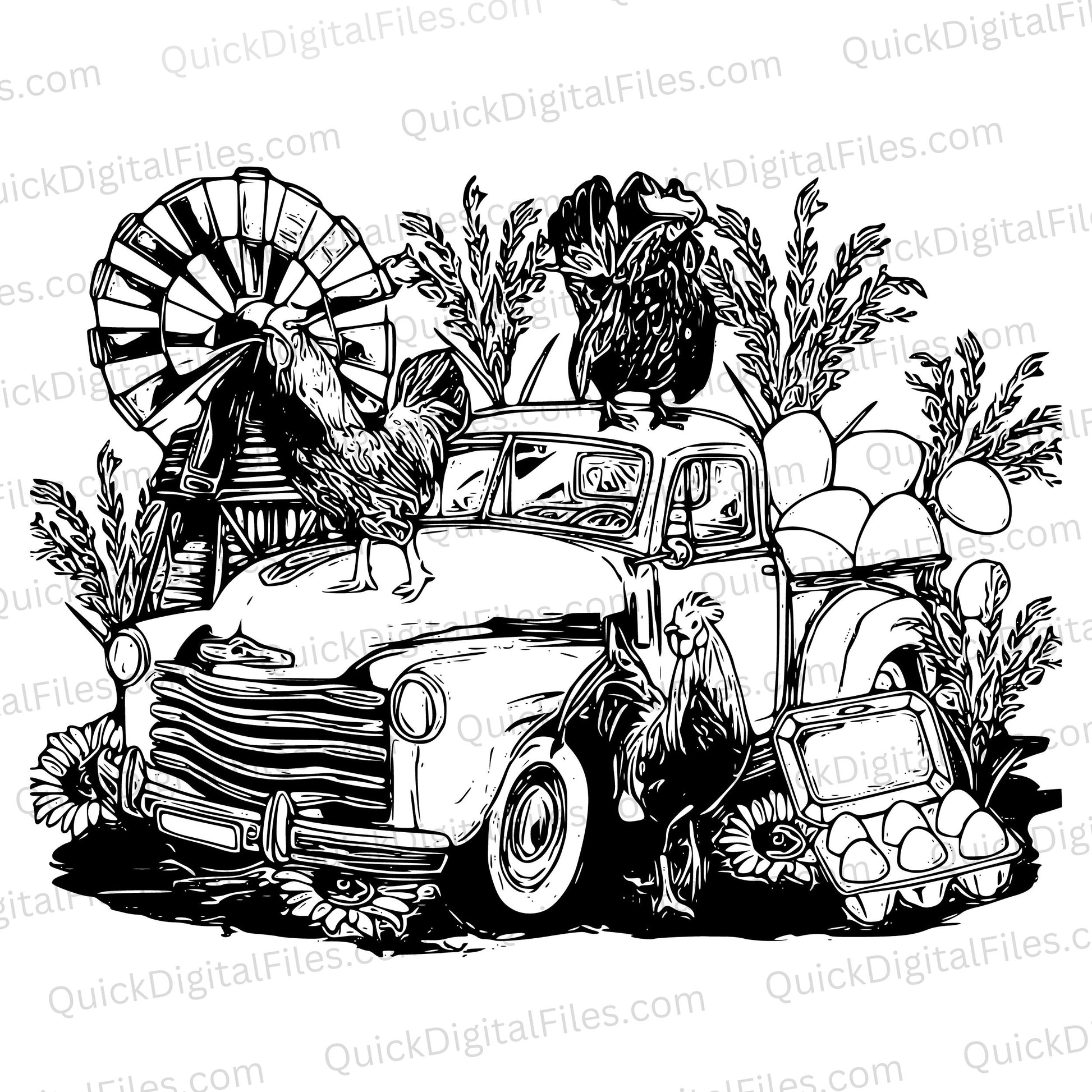 "Black and white farm truck and windmill SVG artwork"