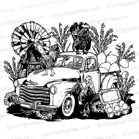 "Black and white farm truck and windmill SVG artwork"