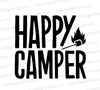 "Happy camper black silhouette graphic with marshmallow roasting illustration." svg png jpeg