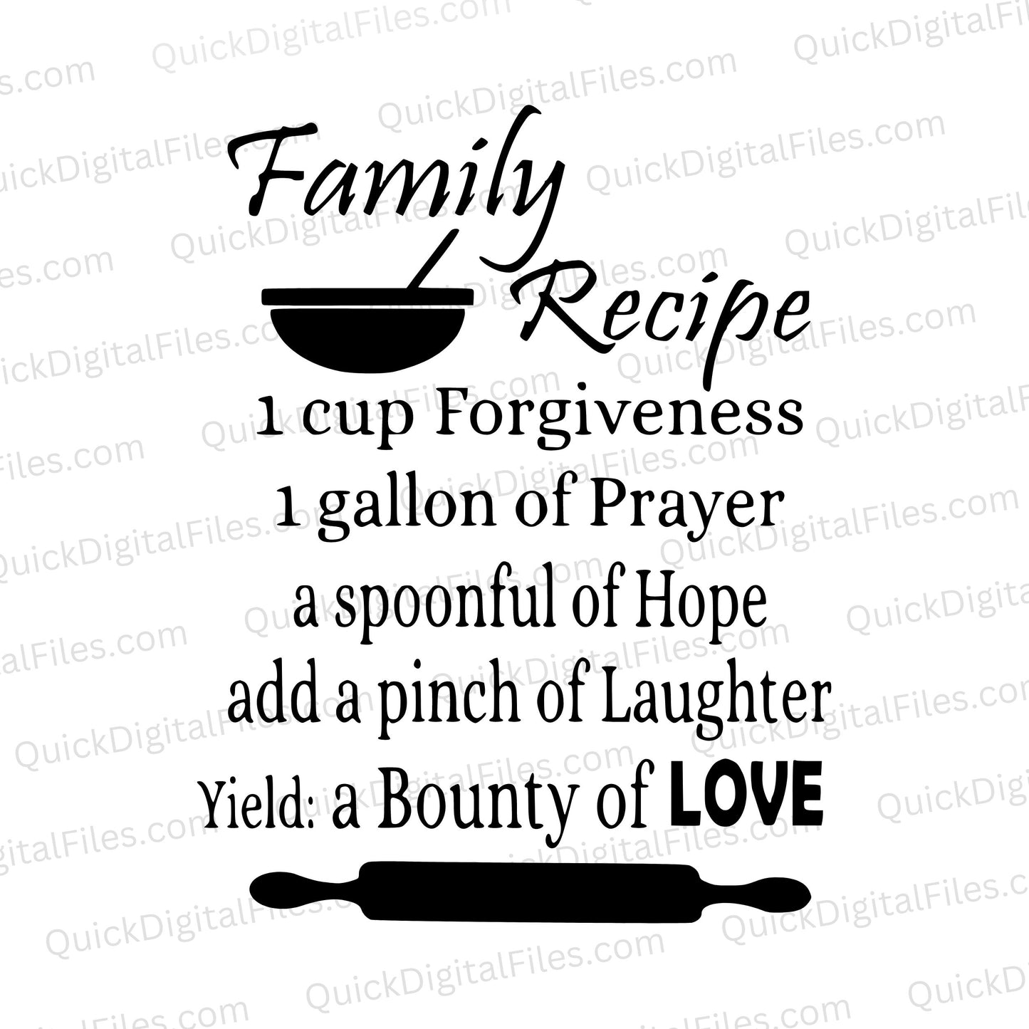 "Heartwarming 'Family Recipe' black and white graphic with rolling pin and mixing bowl."