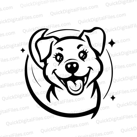 Black and white happy dog outline graphic in SVG and PNG