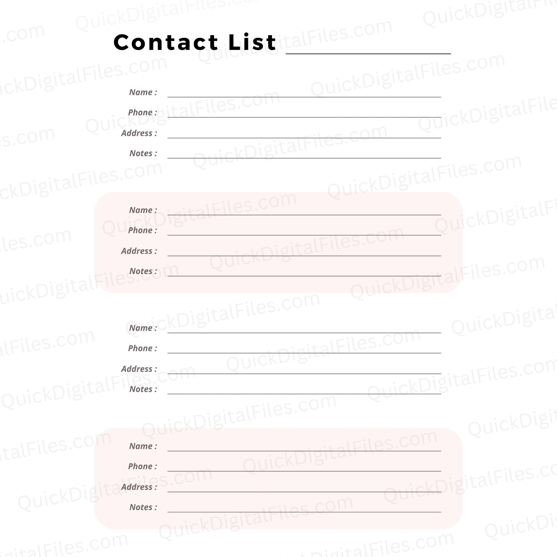 Printable Contact List PDF with name, phone, and address sections
