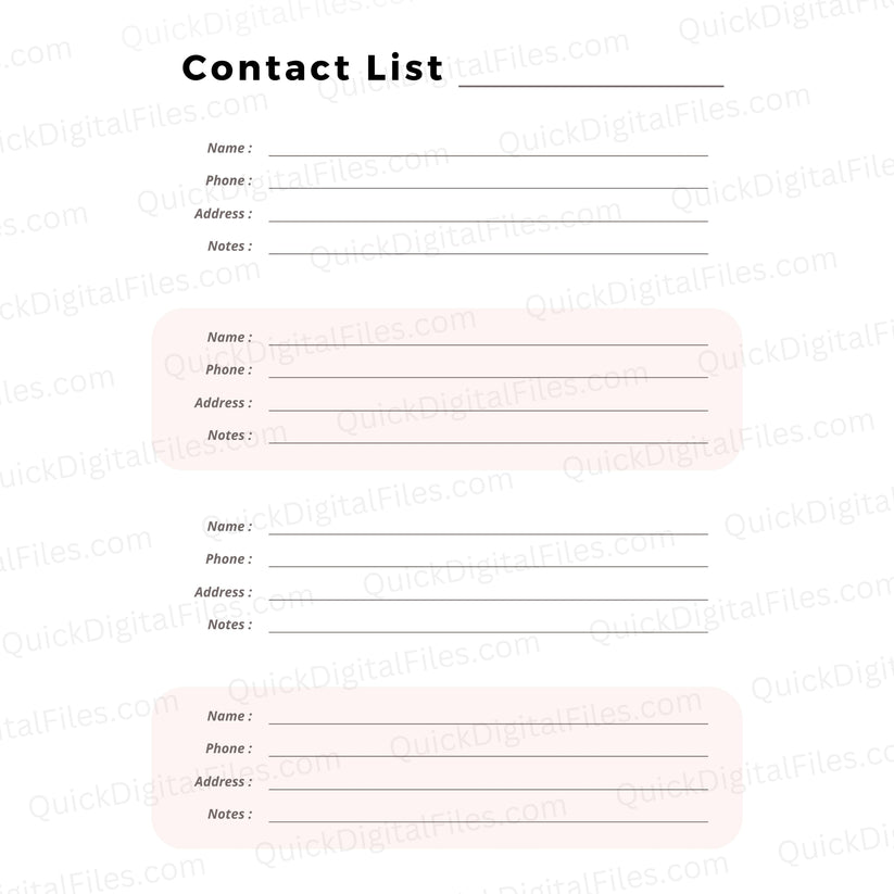 Printable Contact List PDF - Easy-to-Use Address Book – Quick Digital Files