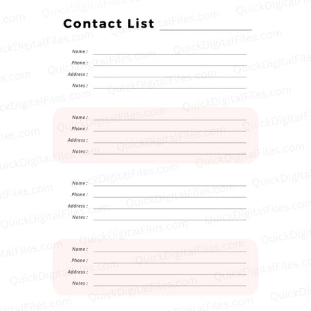 Contacts Pdf File Printable Contact List PDF - Easy-to-Use Address Book – Quick Digital Files