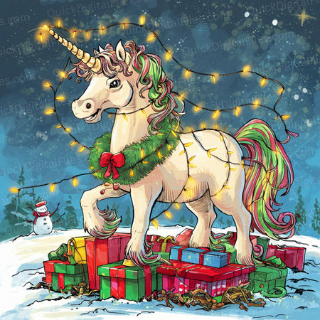 Festive unicorn with Christmas lights and wreath PNG graphic