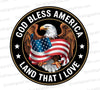 "Patriotic eagle emblem with 'God Bless America' and 'Land That I Love' phrases."