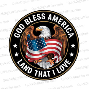 "Patriotic eagle emblem with 'God Bless America' and 'Land That I Love' phrases."