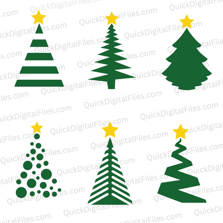 "6-Pack Christmas Tree SVG Bundle with Gold Stars"