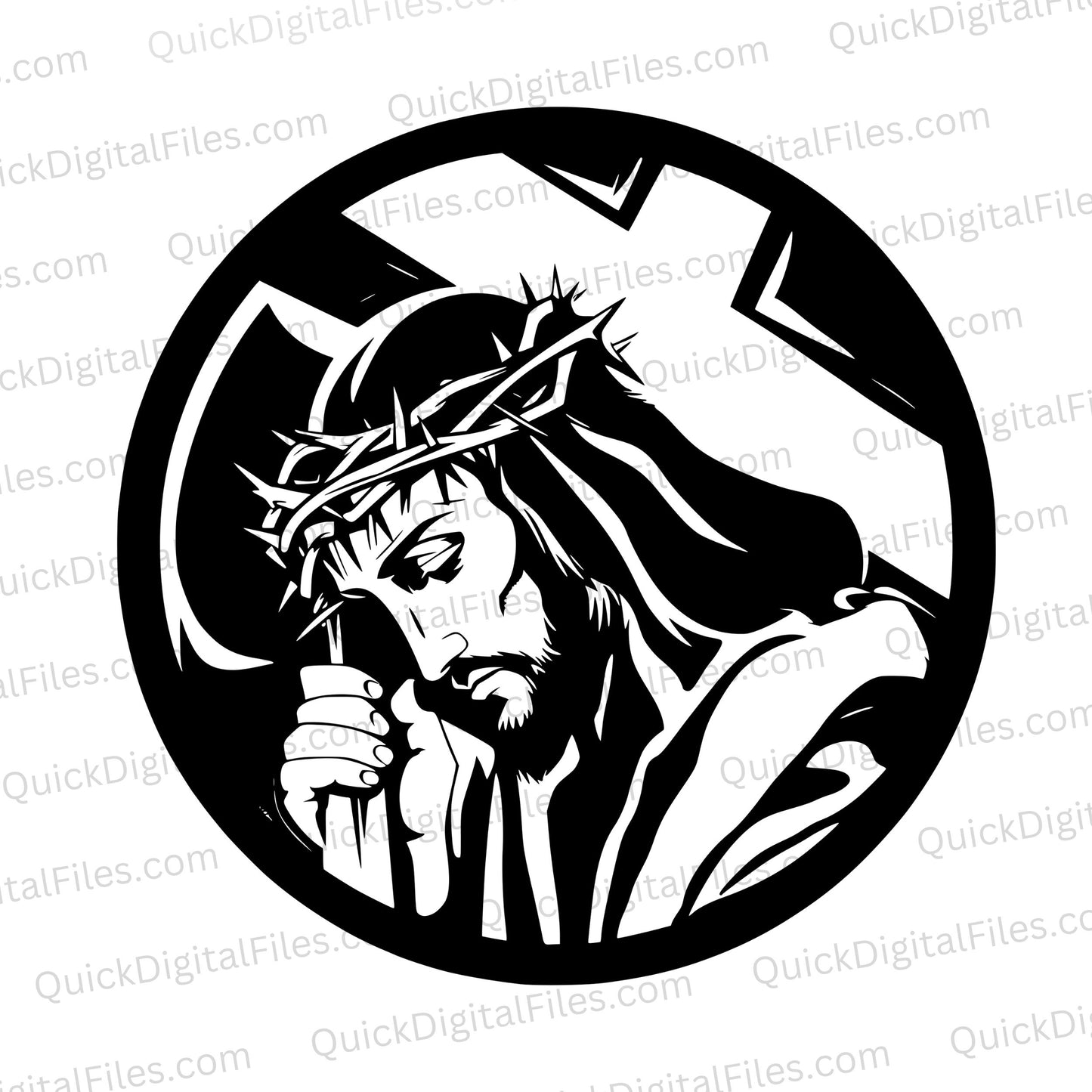 "Black and White Jesus with Crown of Thorns & Cross SVG, PNG, JPEG"