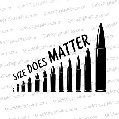 "SVG of bullet casings arranged by size with Size Does Matter text."