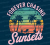 Pink "Forever Chasing Sunsets" text with coastal scene PNG
