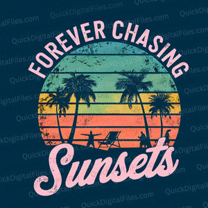 Pink "Forever Chasing Sunsets" text with coastal scene PNG
