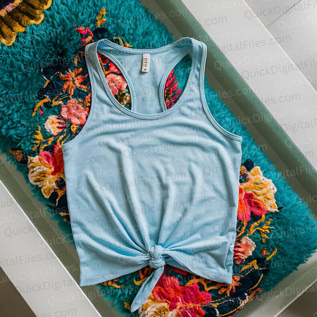 "Digital download of a light blue tank top on vibrant floral fabric for fashion marketing."