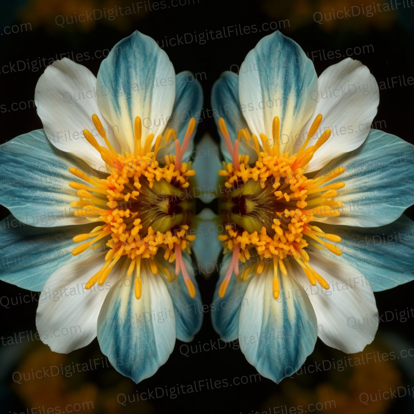 Symmetrical blue and yellow flower digital PNG image.