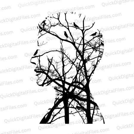 "Human Profile with Tree Branches Silhouette Design"