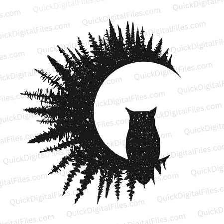 Black and white nocturnal scene SVG featuring owl, moon, and nature.