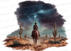 "Cowboy Riding Horse in Desert Under Starry Sky Graphic PNG, JPEG, PDF"