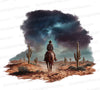 "Cowboy Riding Horse in Desert Under Starry Sky Graphic PNG, JPEG, PDF"