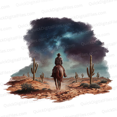 "Cowboy Riding Horse in Desert Under Starry Sky Graphic PNG, JPEG, PDF"