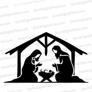 "Nativity scene silhouette with Mary, Joseph, and baby Jesus on white background."