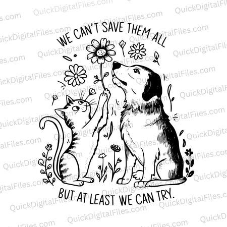 "Animal advocacy graphic with cat and dog, promoting rescue efforts."