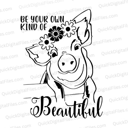 Black and white pig with flowers SVG encouraging individual beauty.