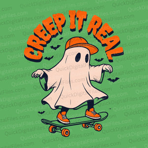 Halloween ghost on skateboard with bats SVG
