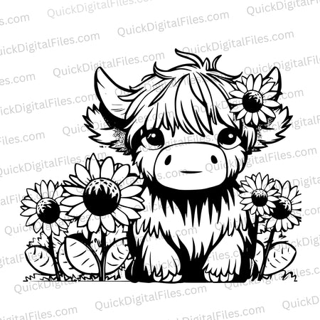 Black and white silhouette of Highland cow with floral arrangement graphic.
