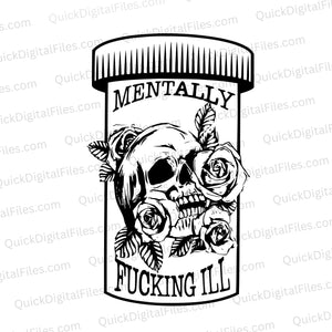 "Graphic depiction of mental health challenges: pill bottle with skull and flower inside"