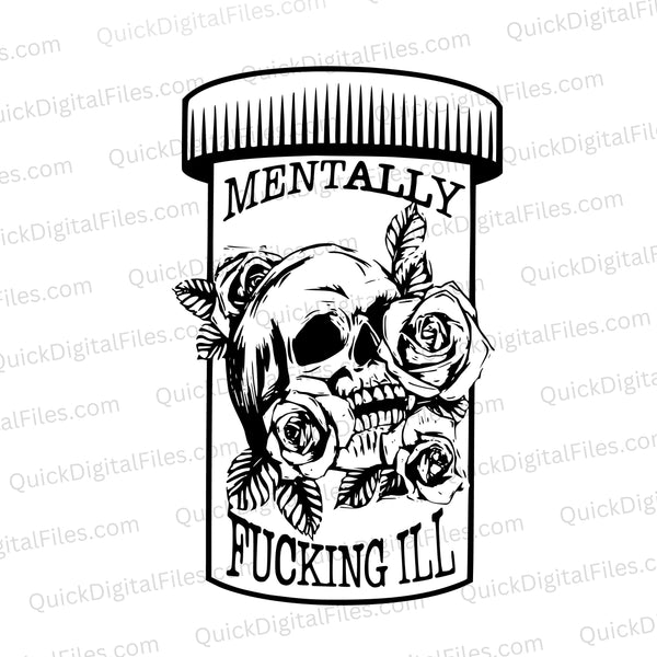 "Graphic depiction of mental health challenges: pill bottle with skull and flower inside"