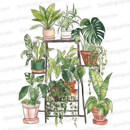 Diverse indoor house plants on wood rack illustration JPEG/PNG