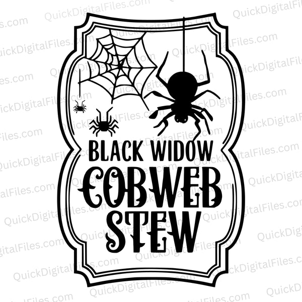 Vintage-style black and white spider stew design