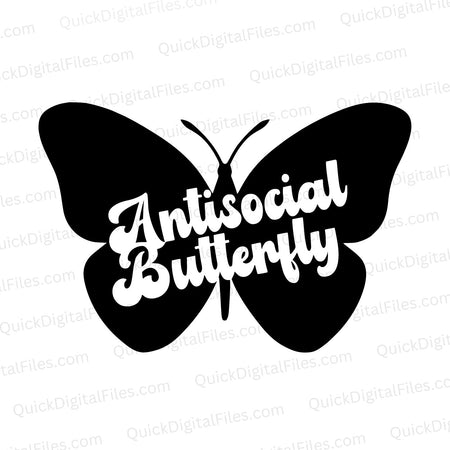 "Black and white butterfly with 'Anti Social' script SVG file."