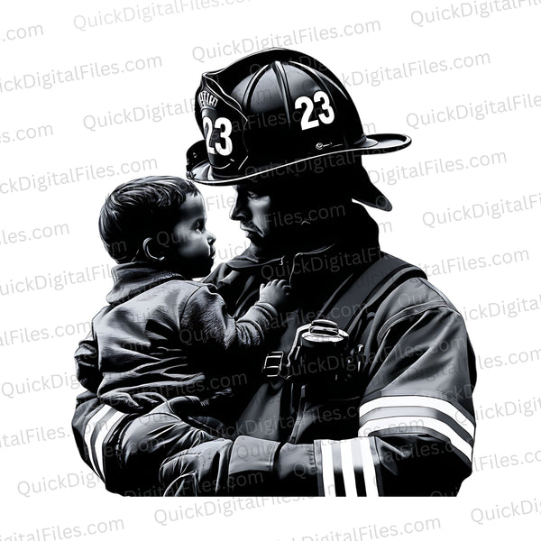 "Firefighter Saving Child Illustration in Grey and Black White PNG, JPEG"