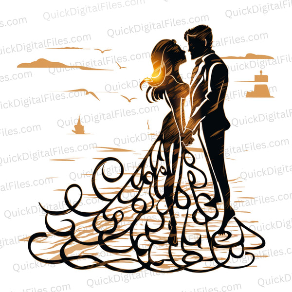 "Romantic beach wedding couple in gold and black PNG image for DIY projects."