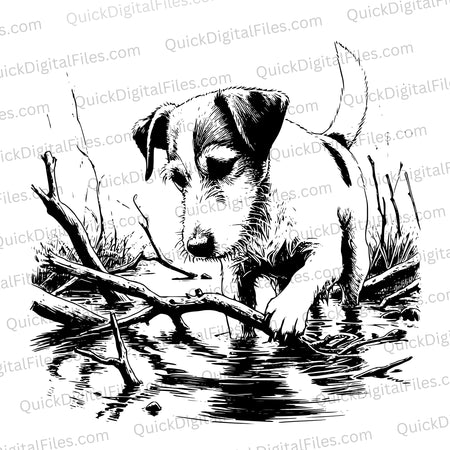 "Curious puppy by the water illustration in SVG and JPEG for pet-themed projects."