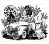 "Vintage farm scene SVG with old truck and chickens"