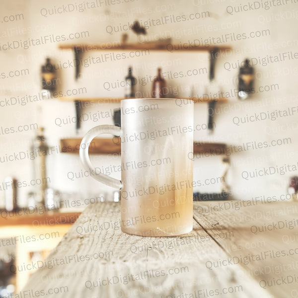 Frosted beer mug mockup with frothy beer on a rustic wooden surface
