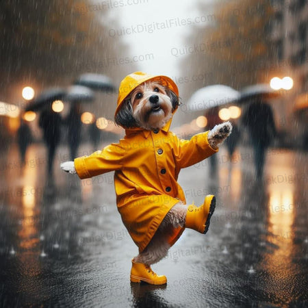 Adorable dog wearing a raincoat on a rainy day JPEG image.