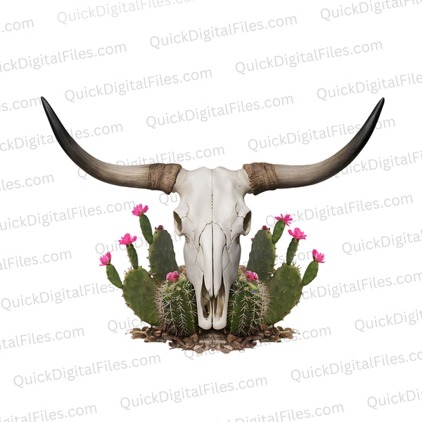 "Desert Skull and Cacti Graphic PNG, Transparent Background"