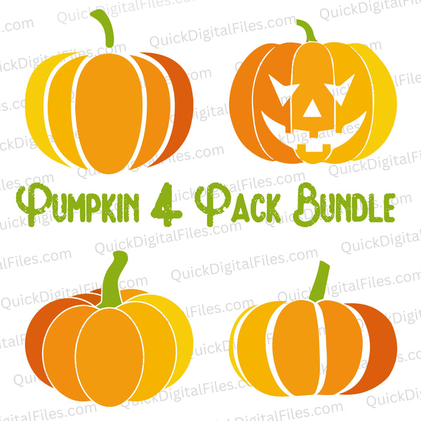 Pumpkin SVG bundle with four fall-themed designs, including a jack-o’-lantern
