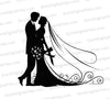 "Romantic silhouette of bride and groom in formal attire with decorative swirls."